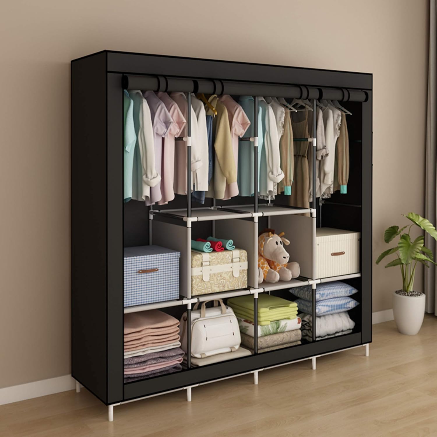 3 Door Folding Wardrobe Cupboard For Storage & Hanging Clothes with 13mm Metal Pipes thickness and fabric Cover