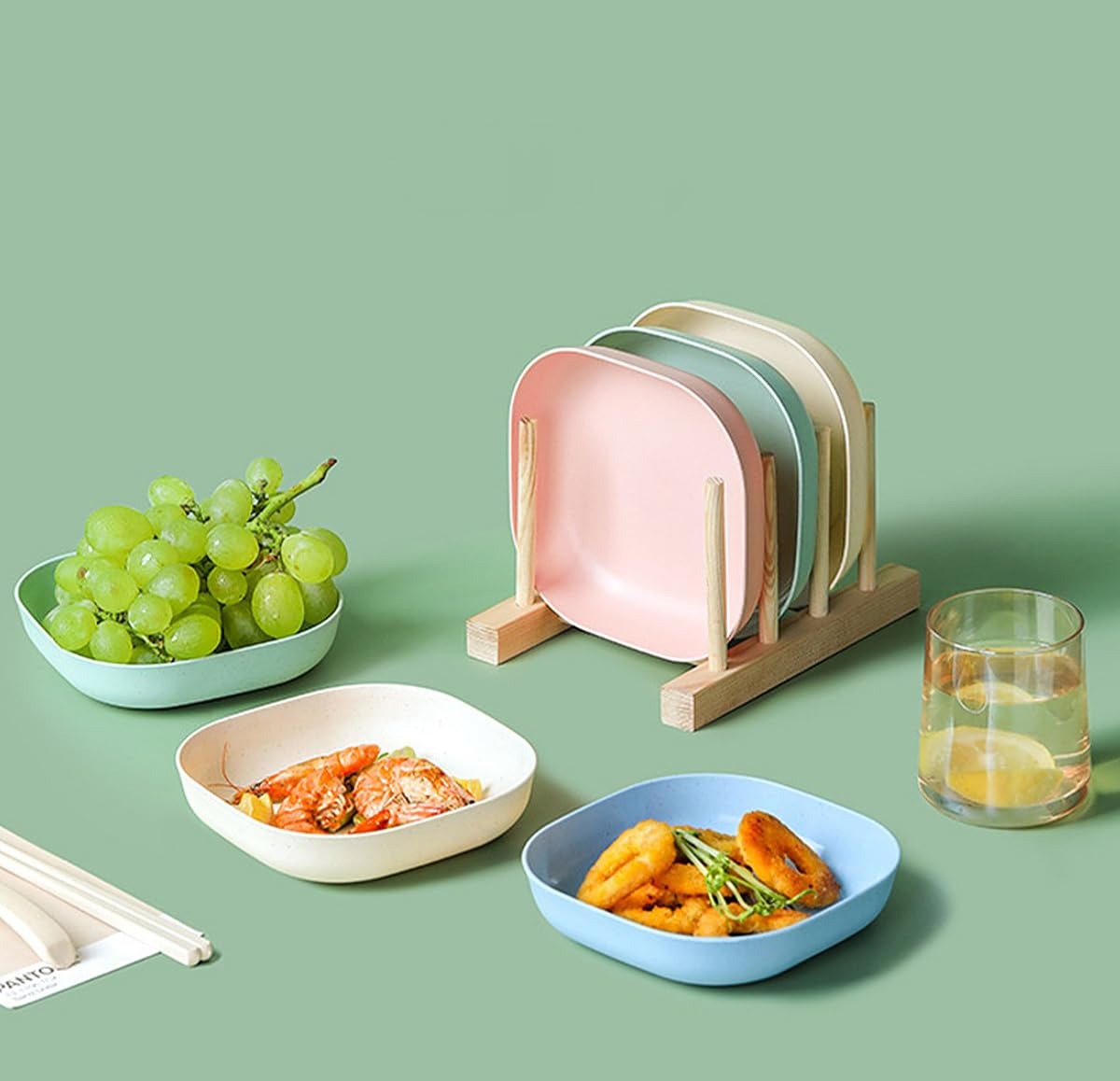 Square Plastic Dinner Plate Set with Storage Stand