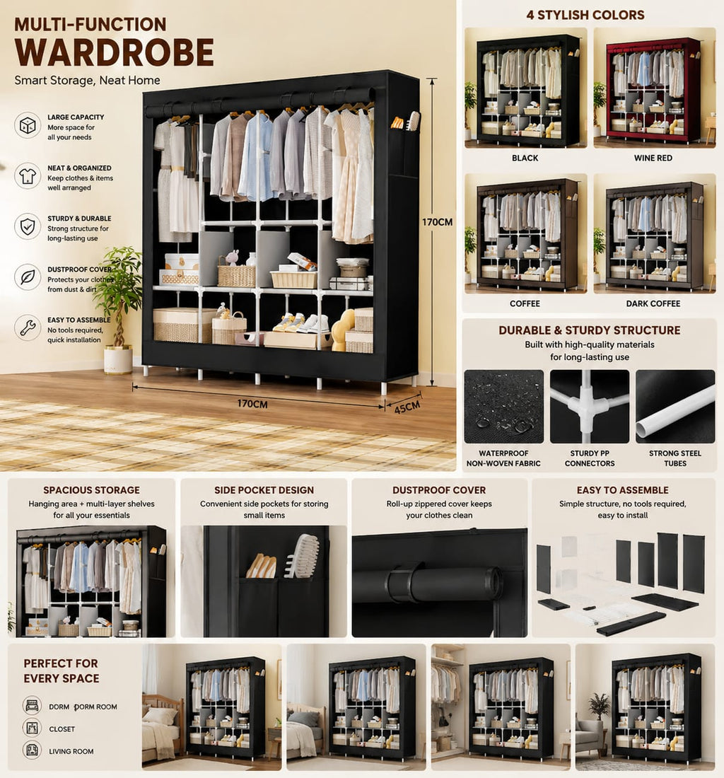 3 Door Folding Wardrobe Cupboard For Storage & Hanging Clothes with 13mm Metal Pipes thickness and fabric Cover