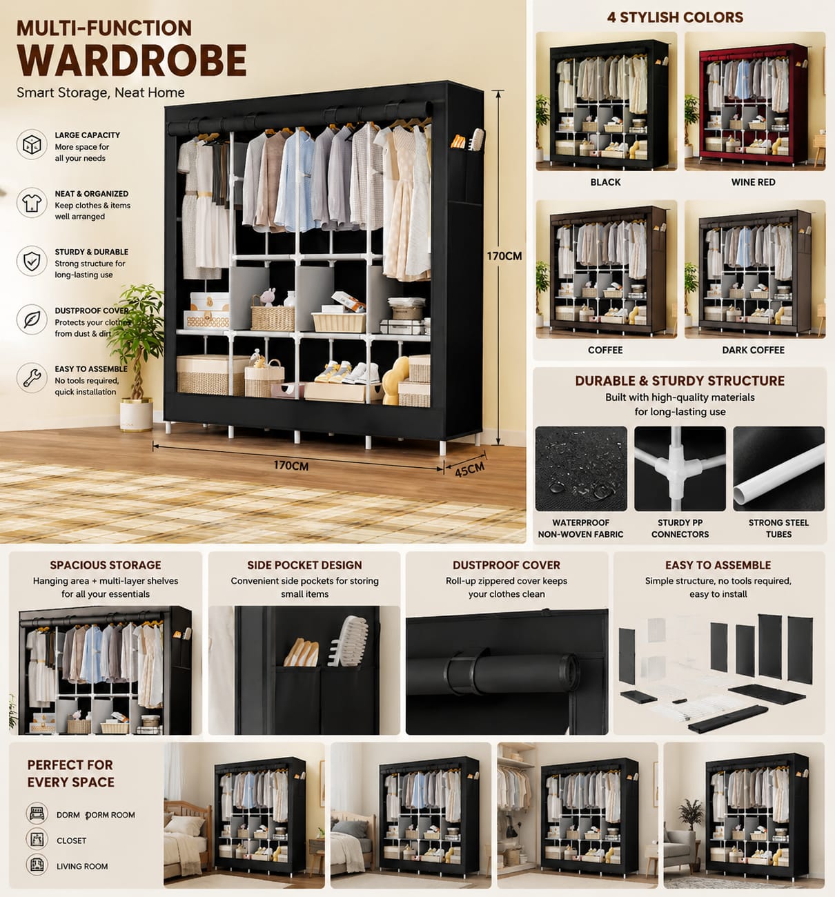 3 Door Folding Wardrobe Cupboard For Storage & Hanging Clothes with 13mm Metal Pipes thickness and fabric Cover